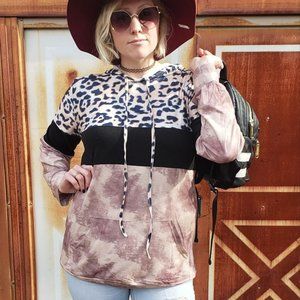 Cheetah Print Colorblock Pocket Design Casual Hood